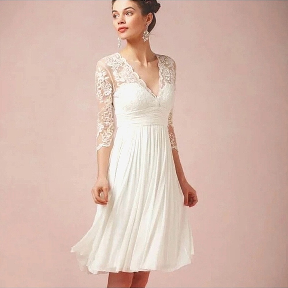 Ivory Lace-Detail V-Neck Midi Wedding Dress